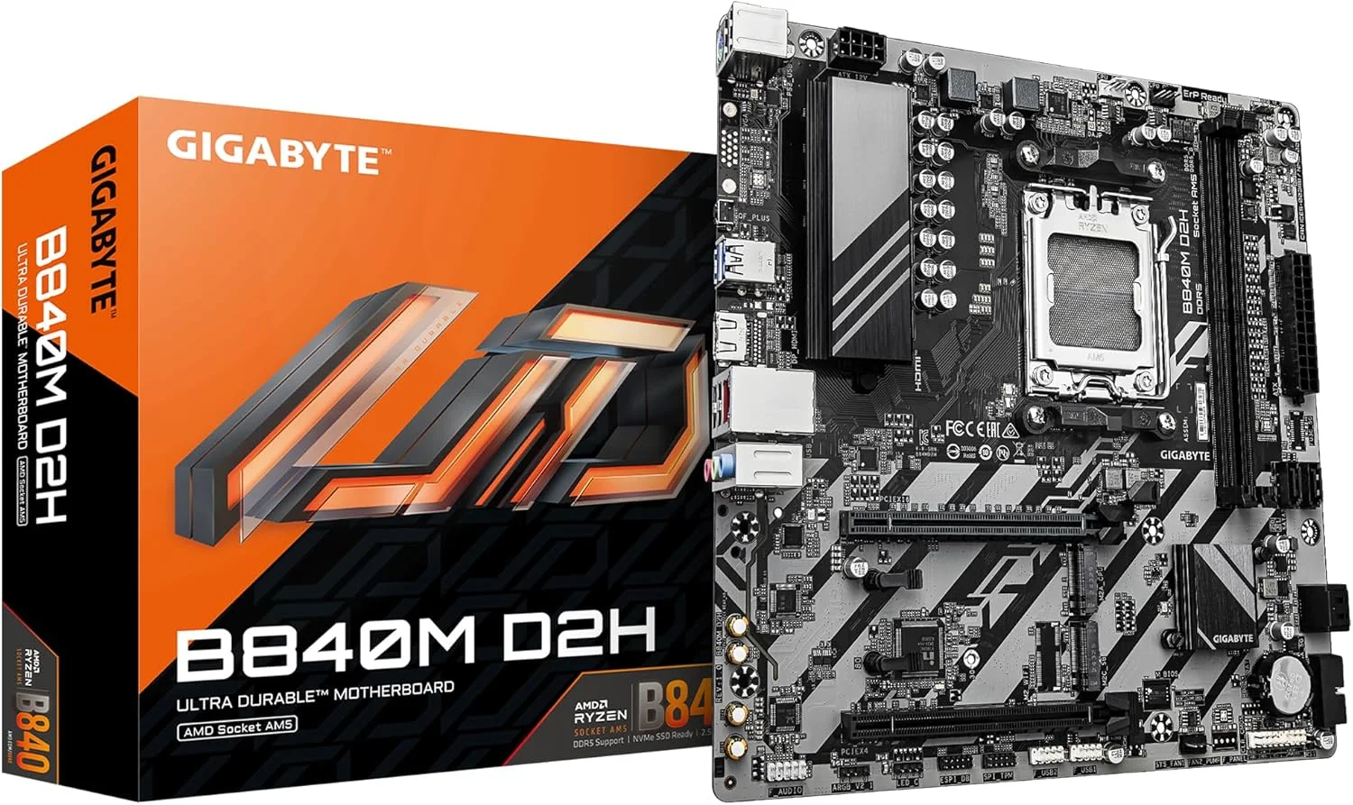 مادربرد GIGABYTE B840M D2H - پردازنده های AMD Ryzen 9000، VRM با 5+2+2 فاز، DDR5 تا 7600 مگاهرتز، 1xPCIe 4.0 + 1xPCIe 3.0 M.2، LAN 2.5GbE، USB 3.2 Gen 1
