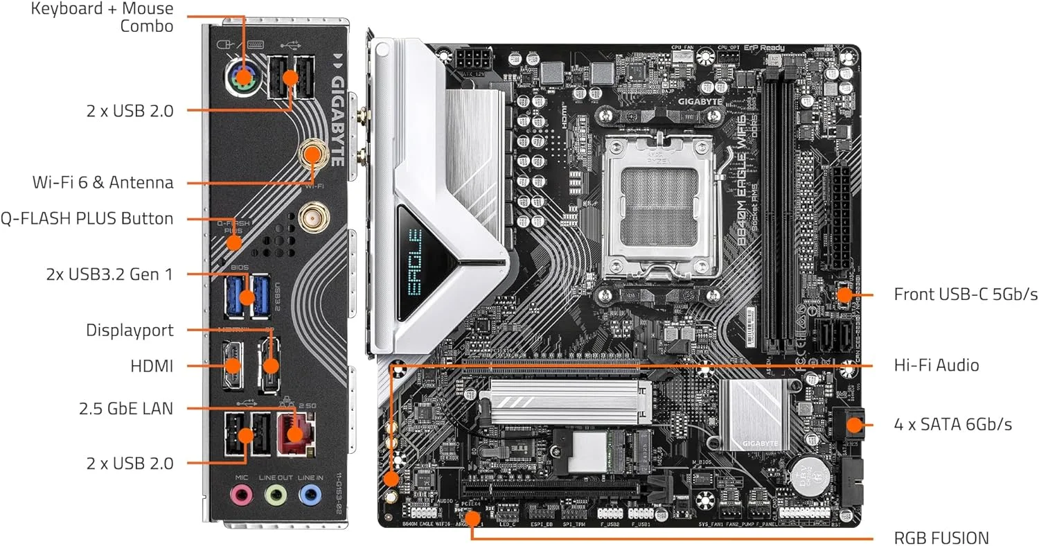 مادربرد GIGABYTE B840M Eagle WIFI6 AMD Socket AM5, M-ATX, DDR5, 2X M.2, PCIe 4.0, USB 3.2 Gen 1, WIFI6, 2.5GbE LAN, EZ-Latch مادربرد GIGABYTE B840M Eagle WIFI6 AMD Socket AM5, M-ATX, DDR5, 2X M.2, PCIe 4.0, USB 3.2 Gen 1, WIFI6, 2.5GbE LAN, EZ-Latch