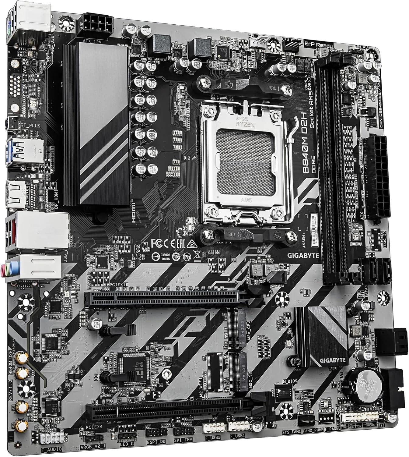 مادربرد GIGABYTE B840M D2H - پردازنده های AMD Ryzen 9000، VRM با 5+2+2 فاز، DDR5 تا 7600 مگاهرتز، 1xPCIe 4.0 + 1xPCIe 3.0 M.2، LAN 2.5GbE، USB 3.2 Gen 1