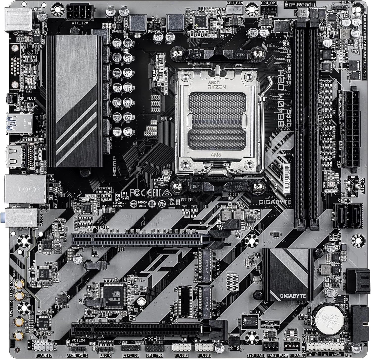 مادربرد GIGABYTE B840M D2H - پردازنده های AMD Ryzen 9000، VRM با 5+2+2 فاز، DDR5 تا 7600 مگاهرتز، 1xPCIe 4.0 + 1xPCIe 3.0 M.2، LAN 2.5GbE، USB 3.2 Gen 1