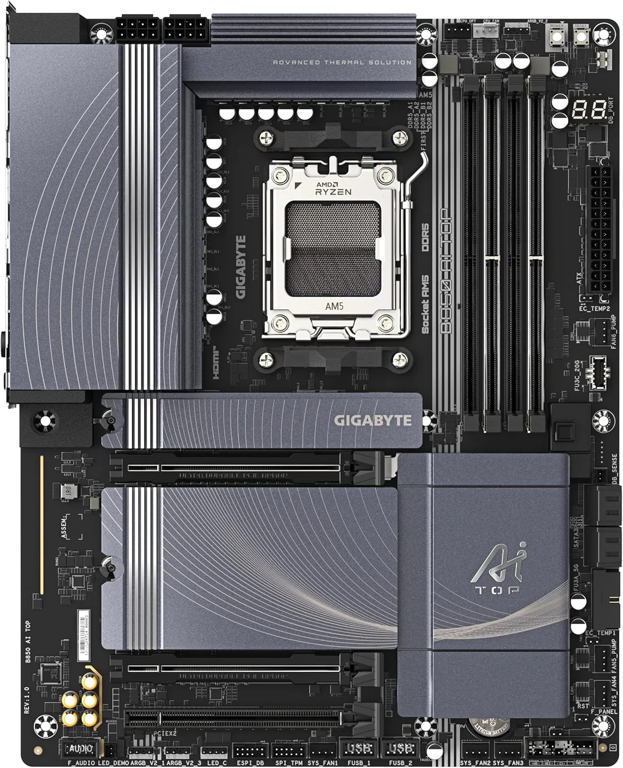 مادربرد GIGABYTE B850 AI TOP - پردازنده های AMD Ryzen 9000 Series، VRM دیجیتال 16+2+2 فاز، تا 8600MHz DDR5 (OC)، 2xPCIe 5.0 + 1xPCIe 4.0 M.2، LAN 10GbE، WiFi 7، USB 3.2 Gen 2x2 مادربرد GIGABYTE B850 AI TOP - پردازنده های AMD Ryzen 9000 Series، VRM دیجیتال 16+2+2 فاز، تا 8600MHz DDR5 (OC)، 2xPCIe 5.0 + 1xPCIe 4.0 M.2، LAN 10GbE، WiFi 7، USB 3.2 Gen 2x2