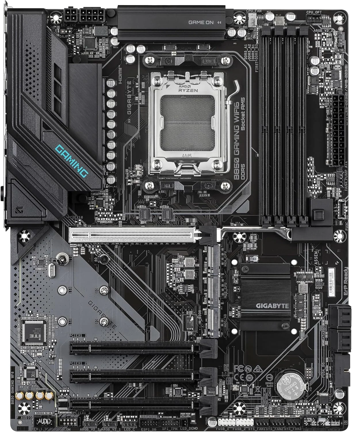 مادربرد GIGABYTE B850 Gaming WIFI6 - پردازنده های سری AMD Ryzen 9000، VRM دیجیتال 6+2+2 فاز، DDR5 تا 5200 مگاهرتز (OC)، 1xPCIe 5.0 + 2xPCIe 4.0 M.2، GbE LAN، WiFi 6، USB 3.2 Gen 2