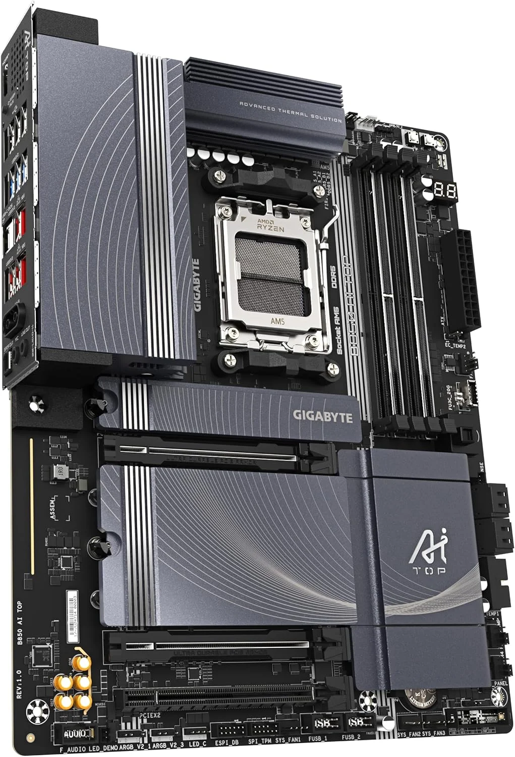 مادربرد GIGABYTE B850 AI TOP - پردازنده های AMD Ryzen 9000 Series، VRM دیجیتال 16+2+2 فاز، تا 8600MHz DDR5 (OC)، 2xPCIe 5.0 + 1xPCIe 4.0 M.2، LAN 10GbE، WiFi 7، USB 3.2 Gen 2x2 مادربرد GIGABYTE B850 AI TOP - پردازنده های AMD Ryzen 9000 Series، VRM دیجیتال 16+2+2 فاز، تا 8600MHz DDR5 (OC)، 2xPCIe 5.0 + 1xPCIe 4.0 M.2، LAN 10GbE، WiFi 7، USB 3.2 Gen 2x2