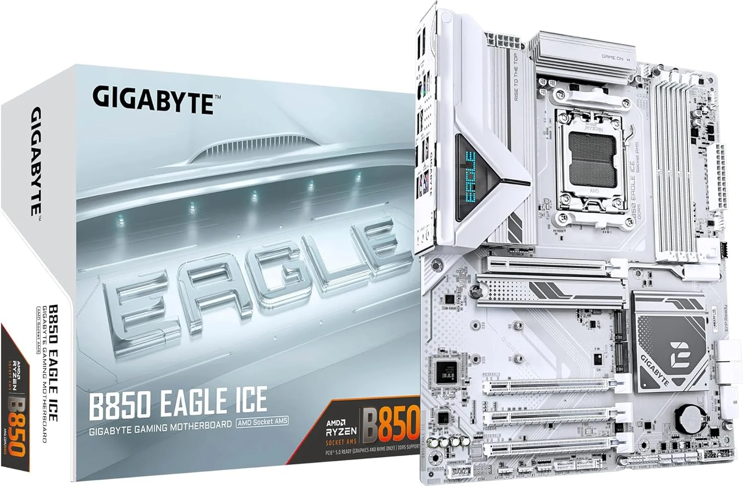 مادربرد GIGABYTE B850 EAGLE ICE - پردازنده های AMD Ryzen سری 9000، VRM دیجیتال 8+2+2 فاز، DDR5 تا 8200 مگاهرتز (OC)، 1xPCIe 5.0 + 2xPCIe 4.0 M.2، LAN 2.5 GbE، USB 3.2 Gen 2