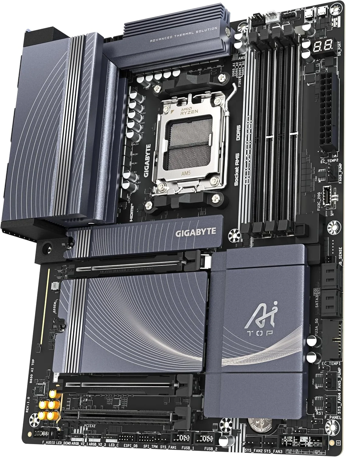 مادربرد GIGABYTE B850 AI TOP - پردازنده های AMD Ryzen 9000 Series، VRM دیجیتال 16+2+2 فاز، تا 8600MHz DDR5 (OC)، 2xPCIe 5.0 + 1xPCIe 4.0 M.2، LAN 10GbE، WiFi 7، USB 3.2 Gen 2x2 مادربرد GIGABYTE B850 AI TOP - پردازنده های AMD Ryzen 9000 Series، VRM دیجیتال 16+2+2 فاز، تا 8600MHz DDR5 (OC)، 2xPCIe 5.0 + 1xPCIe 4.0 M.2، LAN 10GbE، WiFi 7، USB 3.2 Gen 2x2