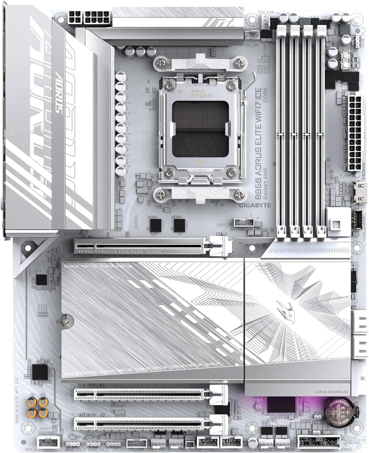 مادربرد GIGABYTE B850 AORUS Elite WIFI7 Ice - پردازنده های سری AMD Ryzen 9000، VRM دیجیتال 12+2+1 فاز، DDR5 تا 5200 مگاهرتز (OC)، 1xPCIe 5.0 + 2xPCIe 4.0 M.2، LAN 2.5، WiFi 7، USB 3.2 Gen 2x2