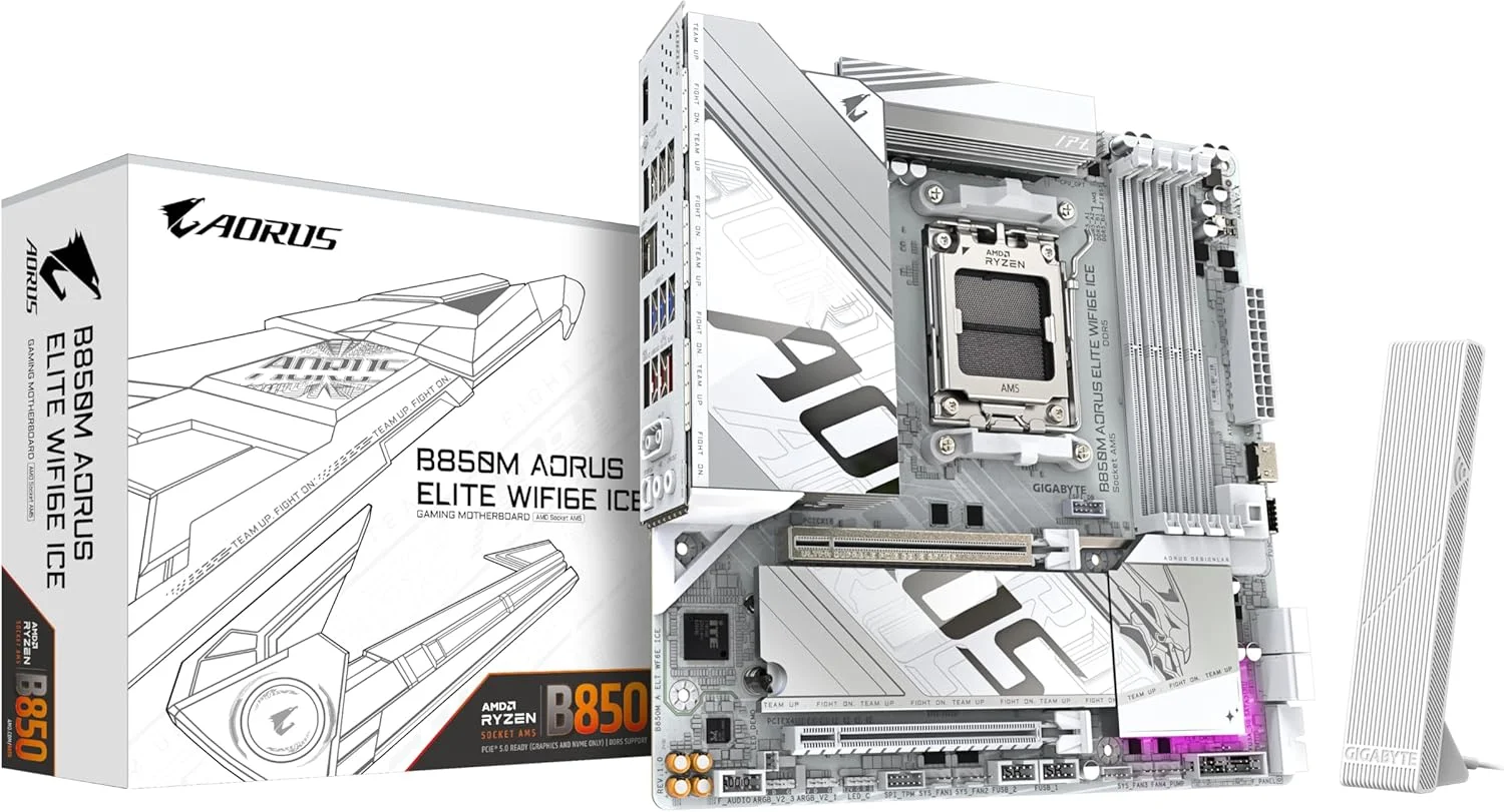 مادربرد GIGABYTE B850M AORUS Elite WIFI6E Ice - پردازنده های AMD Ryzen 9000 Series، VRM دیجیتال 12+2+1 فاز، DDR5 تا 8200 مگاهرتز (OC)، 1xPCIe 5.0 + 1xPCIe 4.0 M.2، 2.5 LAN، WiFi 7، USB 3.2 Gen 2