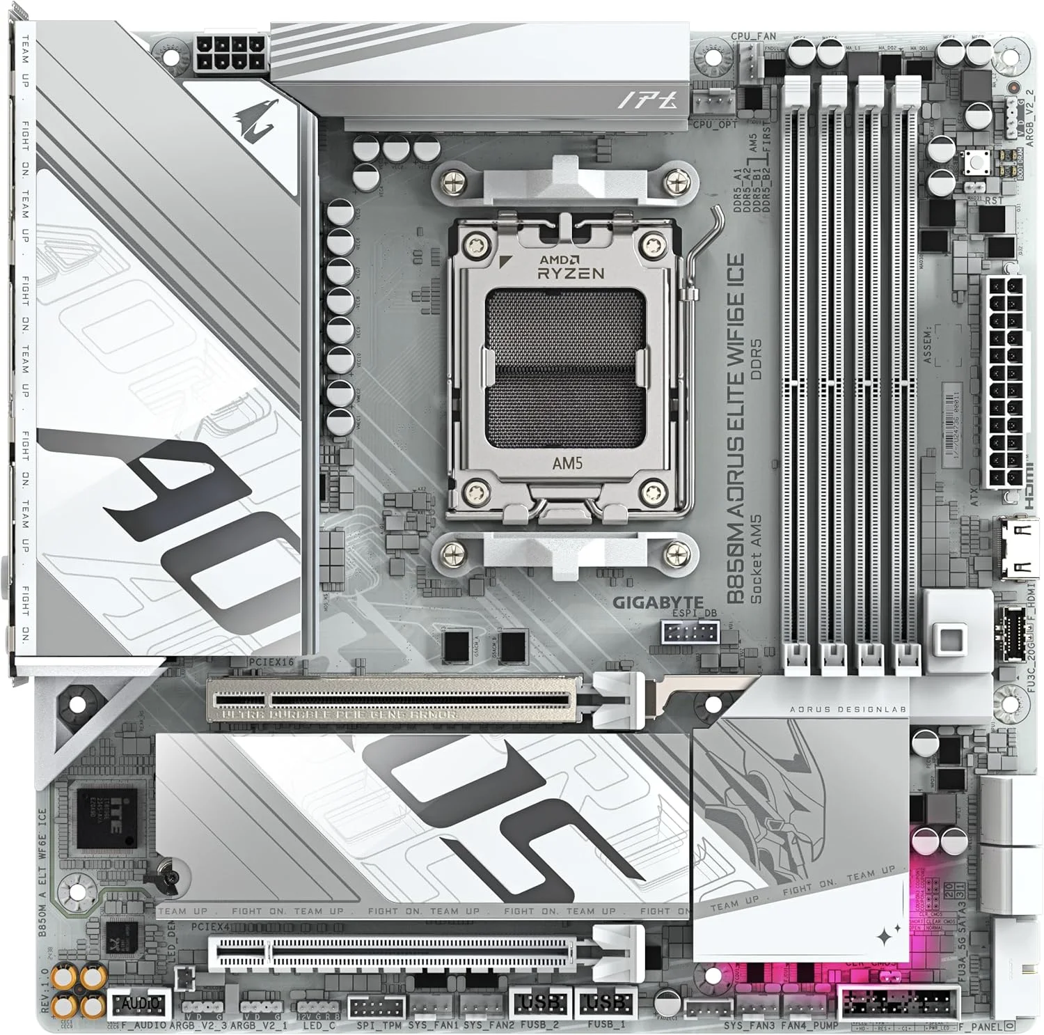 مادربرد GIGABYTE B850M AORUS Elite WIFI6E Ice - پردازنده های AMD Ryzen 9000 Series، VRM دیجیتال 12+2+1 فاز، DDR5 تا 8200 مگاهرتز (OC)، 1xPCIe 5.0 + 1xPCIe 4.0 M.2، 2.5 LAN، WiFi 7، USB 3.2 Gen 2 مادربرد GIGABYTE B850M AORUS Elite WIFI6E Ice - پردازنده های AMD Ryzen 9000 Series، VRM دیجیتال 12+2+1 فاز، DDR5 تا 8200 مگاهرتز (OC)، 1xPCIe 5.0 + 1xPCIe 4.0 M.2، 2.5 LAN، WiFi 7، USB 3.2 Gen 2