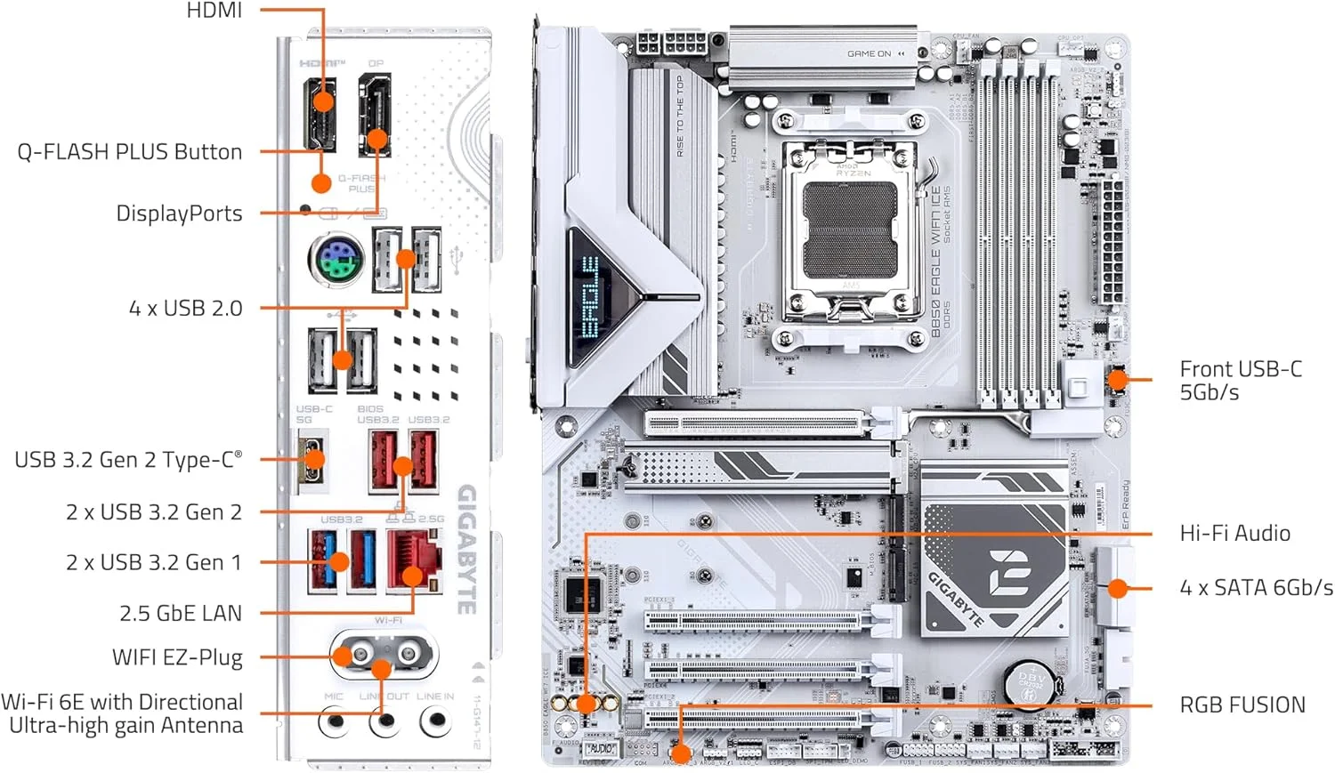 مادربرد GIGABYTE B850 Eagle WIFI7 ICE AMD AM5 LGA 1718، ATX، DDR5، 3X M.2، PCIe 5.0، USB-C، WIFI7، LAN 2.5GbE، EZ-Latch مادربرد GIGABYTE B850 Eagle WIFI7 ICE AMD AM5 LGA 1718، ATX، DDR5، 3X M.2، PCIe 5.0، USB-C، WIFI7، LAN 2.5GbE، EZ-Latch