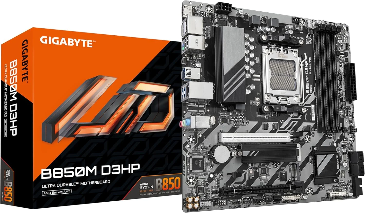 مادربرد GIGABYTE B850M D3HP - پردازنده های سری AMD Ryzen 9000، VRM دیجیتال 5+2+2 فاز، DDR5 تا 8200 مگاهرتز (OC)، 1xPCIe 5.0 + 1xPCIe 4.0 M.2، GbE LAN، USB 3.2 Gen 2