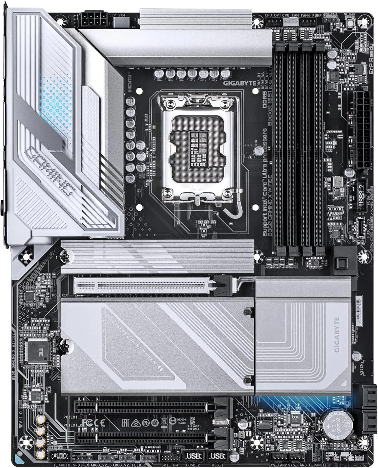 مادربرد GIGABYTE B860 GAMING X WIFI6E - پردازنده های سری Intel Core Ultra، VRM با 12+1+2+1 فاز، DDR5 تا 9066 مگاهرتز، 1xPCIe 5.0 + 2xPCIe 4.0 M.2، LAN 2.5GbE، WIFI 6E، USB4