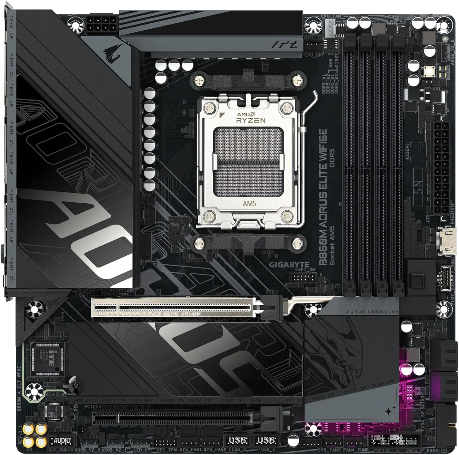 مادربرد GIGABYTE B850M AORUS ELITE WIFI6E - پردازنده های AMD Ryzen 9000 Series، VRM دیجیتال 12+2+2 فاز، DDR5 تا 8200 مگاهرتز (OC)، 1xPCIe 5.0 + 1xPCIe 4.0 M.2، WIFI 6E، LAN 2.5GbE، USB 3.2 Gen 2 مادربرد GIGABYTE B850M AORUS ELITE WIFI6E - پردازنده های AMD Ryzen 9000 Series، VRM دیجیتال 12+2+2 فاز، DDR5 تا 8200 مگاهرتز (OC)، 1xPCIe 5.0 + 1xPCIe 4.0 M.2، WIFI 6E، LAN 2.5GbE، USB 3.2 Gen 2