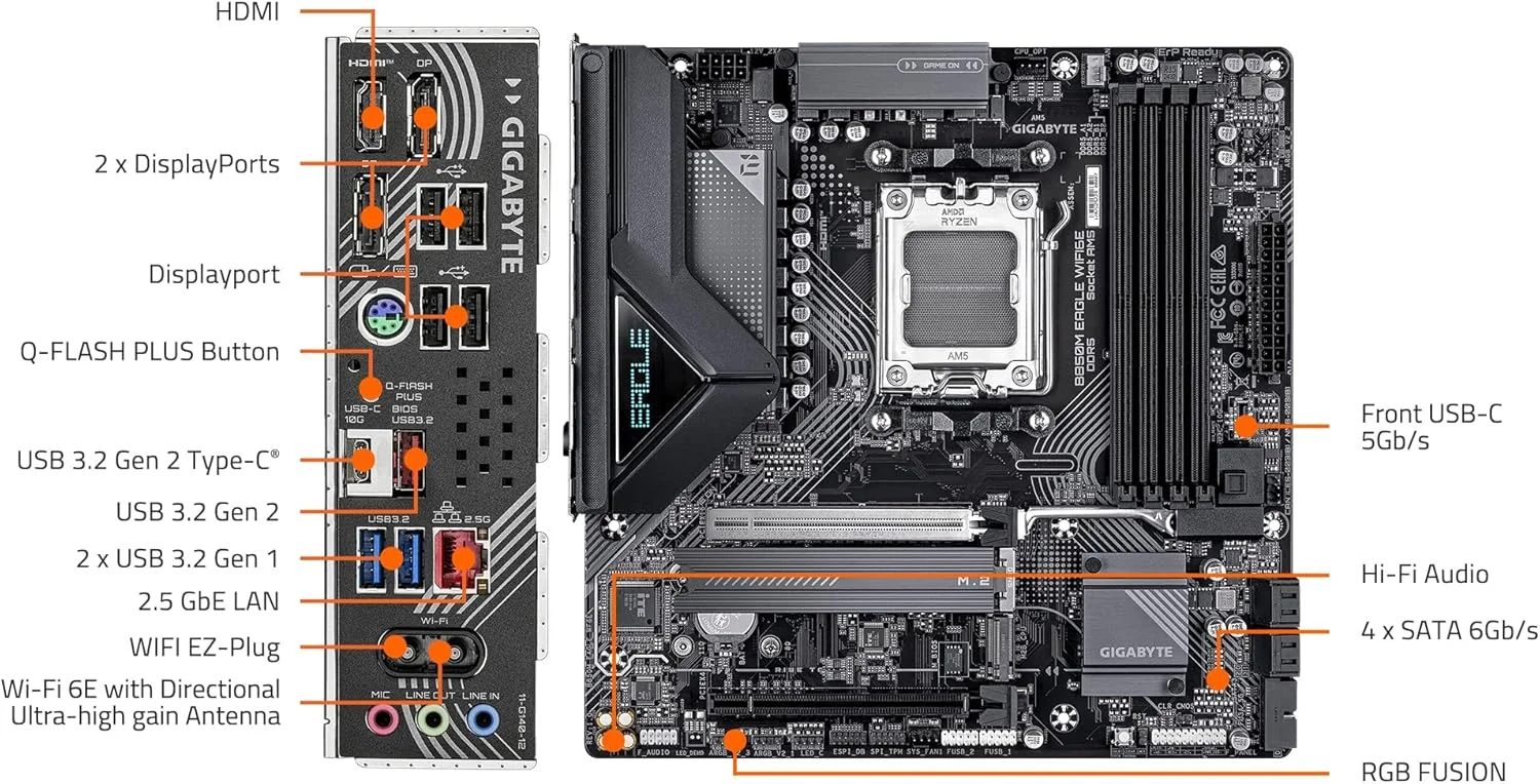 مادربرد GIGABYTE B850M Eagle WIFI6E AMD AM5، M-ATX، DDR5، 2X M.2، PCIe 5.0، USB-C، USB 3.2 Gen 2، WIFI6E، LAN 2.5GbE، EZ-Latch، Wi-Fi EZ-Plug مادربرد GIGABYTE B850M Eagle WIFI6E AMD AM5، M-ATX، DDR5، 2X M.2، PCIe 5.0، USB-C، USB 3.2 Gen 2، WIFI6E، LAN 2.5GbE، EZ-Latch، Wi-Fi EZ-Plug