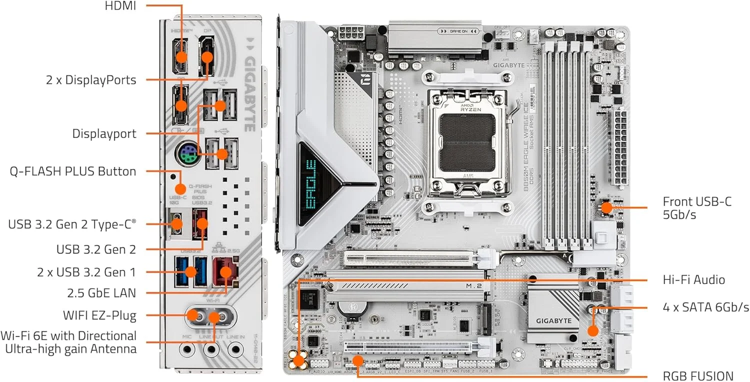 مادربرد GIGABYTE B850M Eagle WIFI6E ICE AMD AM5، M-ATX، DDR5، 2X M.2، PCIe 5.0، USB-C، USB 3.2 Gen 2، WIFI6E، LAN 2.5GbE، EZ-Latch، Wi-Fi EZ-Plug مادربرد GIGABYTE B850M Eagle WIFI6E ICE AMD AM5، M-ATX، DDR5، 2X M.2، PCIe 5.0، USB-C، USB 3.2 Gen 2، WIFI6E، LAN 2.5GbE، EZ-Latch، Wi-Fi EZ-Plug