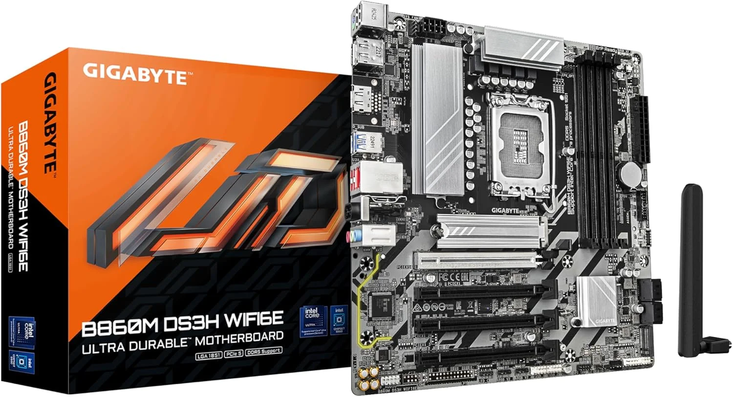 مادربرد GIGABYTE B860M DS3H WIFI6E - پردازنده های Intel Core Ultra، VRM با فازهای 5+1+2+1، DDR5 تا 9066 مگاهرتز، 1xPCIe 5.0 + 1xPCIe 4.0 M.2، LAN 2.5GbE، WiFi 6E، USB 3.2 Gen 2