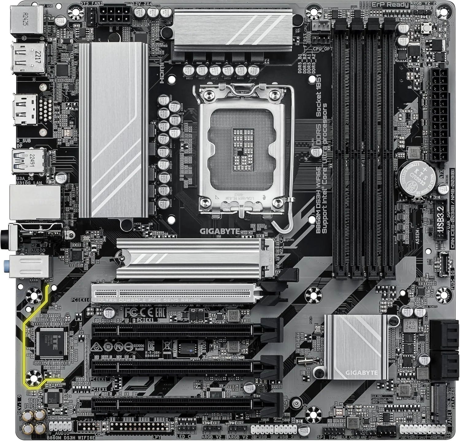 مادربرد GIGABYTE B860M DS3H WIFI6E - پردازنده های Intel Core Ultra، VRM با فازهای 5+1+2+1، DDR5 تا 9066 مگاهرتز، 1xPCIe 5.0 + 1xPCIe 4.0 M.2، LAN 2.5GbE، WiFi 6E، USB 3.2 Gen 2 مادربرد GIGABYTE B860M DS3H WIFI6E - پردازنده های Intel Core Ultra، VRM با فازهای 5+1+2+1، DDR5 تا 9066 مگاهرتز، 1xPCIe 5.0 + 1xPCIe 4.0 M.2، LAN 2.5GbE، WiFi 6E، USB 3.2 Gen 2