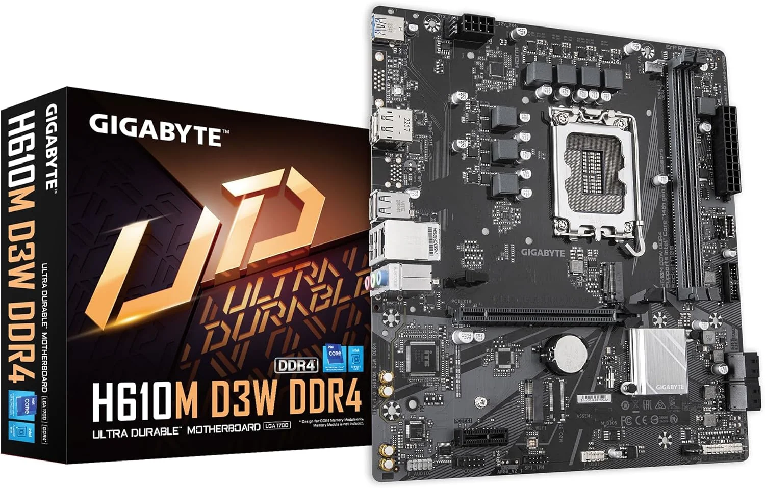 مادربرد GIGABYTE H610M D3W DDR4 - پشتیبانی از پردازنده های نسل 14 اینتل Core، VRM با 5+1+1 فاز، DDR4 تا 3200 مگاهرتز، 1xPCIe 3.0 M.2، LAN 1GbE، USB 3.2 Gen 1