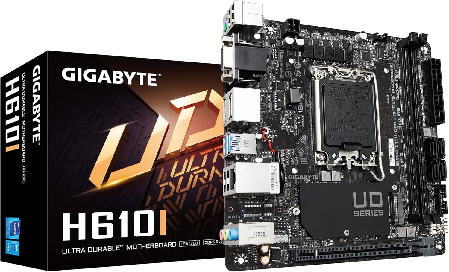 مادربرد GIGABYTE H610I (H610/ Intel/LGA 1700/ Mini-ITX/ DDR5/ Single M.2/ PCIe 4.0/ USB 3.2 Gen1/ Intel GbE LAN Chip)