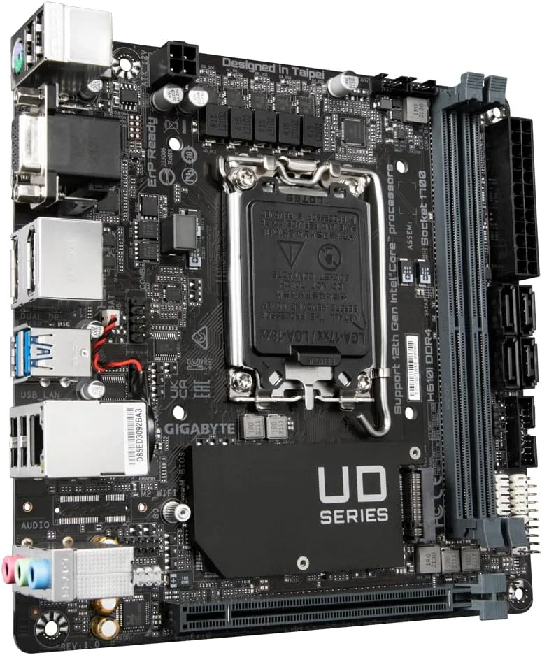 مادربرد گیگابایت H610I DDR4 - پشتیبانی از پردازنده‌های نسل 14 اینتل، VRM دیجیتال هیبریدی 4+1+1، پشتیبانی از DDR4 تا 3200 مگاهرتز (OC)، 1xPCIe 3.0 M.2، GbE LAN، USB 3.2 Gen 1