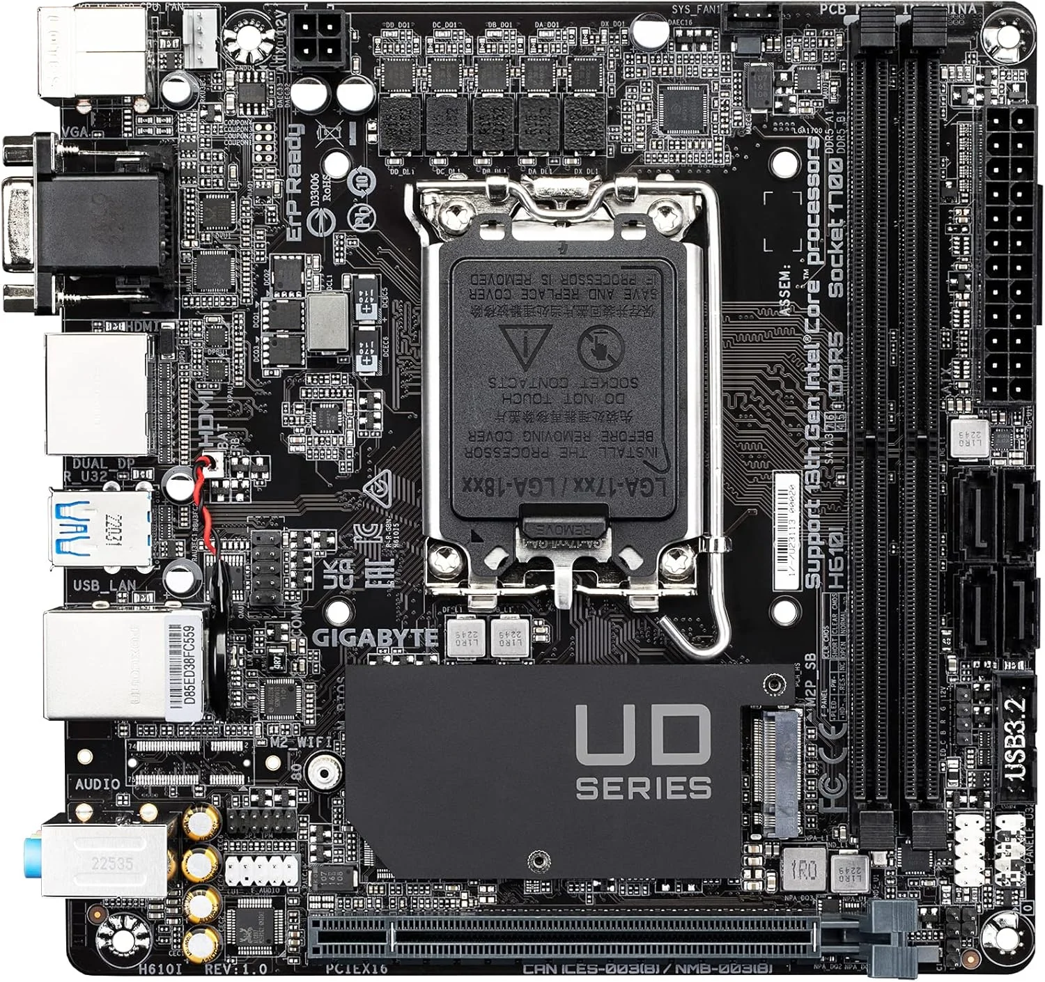 مادربرد GIGABYTE H610I (H610/ Intel/LGA 1700/ Mini-ITX/ DDR5/ Single M.2/ PCIe 4.0/ USB 3.2 Gen1/ Intel GbE LAN Chip) مادربرد GIGABYTE H610I (H610/ Intel/LGA 1700/ Mini-ITX/ DDR5/ Single M.2/ PCIe 4.0/ USB 3.2 Gen1/ Intel GbE LAN Chip)