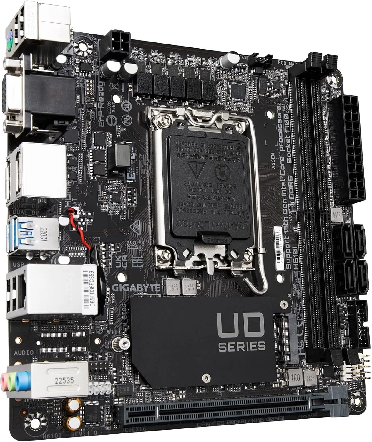 مادربرد GIGABYTE H610I (H610/ Intel/LGA 1700/ Mini-ITX/ DDR5/ Single M.2/ PCIe 4.0/ USB 3.2 Gen1/ Intel GbE LAN Chip) مادربرد GIGABYTE H610I (H610/ Intel/LGA 1700/ Mini-ITX/ DDR5/ Single M.2/ PCIe 4.0/ USB 3.2 Gen1/ Intel GbE LAN Chip)
