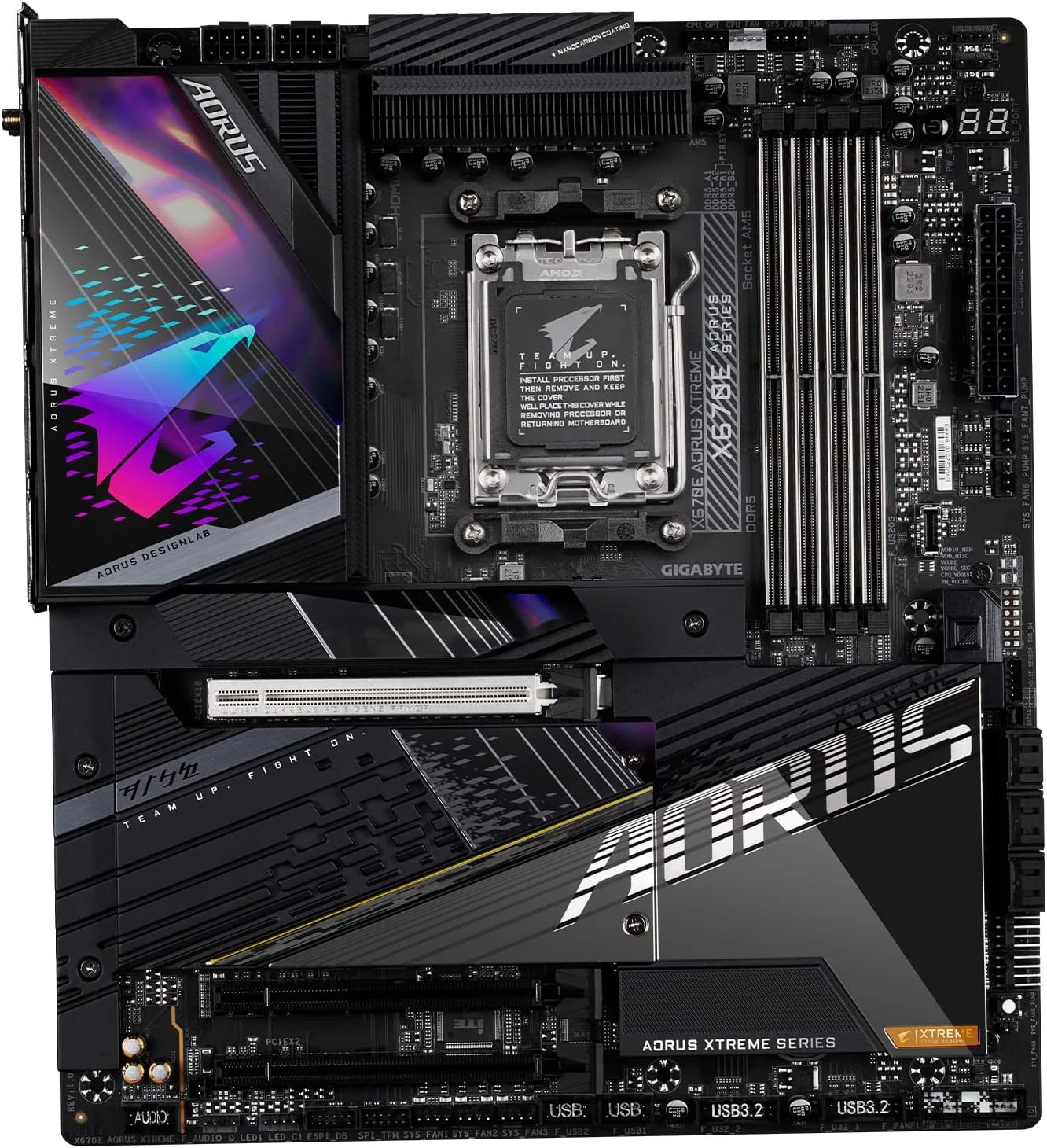 مادربرد GIGABYTE X670E AORUS Xtreme (AM5/ LGA 1718/ AMD/ X670E/ EATX/ 5 سال گارانتی/ DDR5/ Quad M.2/ PCIe 5.0/ USB 3.2 Gen2X2 Type-C/Intel WiFi 6E/ AQUANTIA 10GbE LAN/Q-Flash Plus)