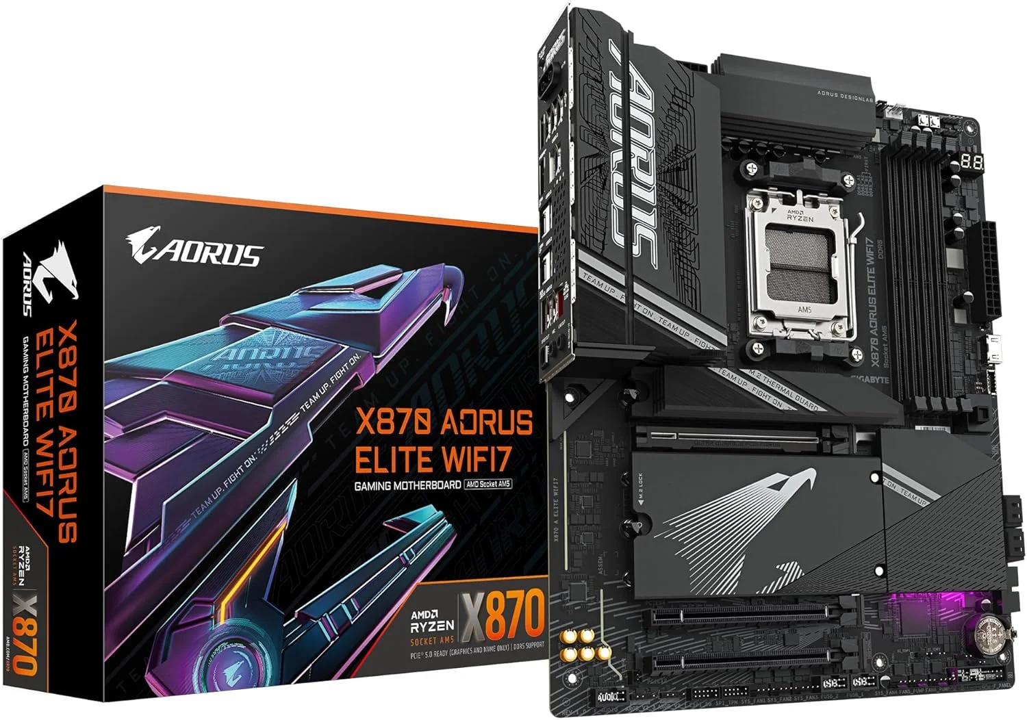 مادربرد GIGABYTE X870 A Elite WIFI7 - پشتیبانی از پردازنده های AMD Ryzen 9000، VRM با فازهای 16+2+2، DDR5 تا 8000 مگاهرتز (OC)، 3xPCIe 5.0، Wi-Fi 7، LAN 2.5GbE، USB 4