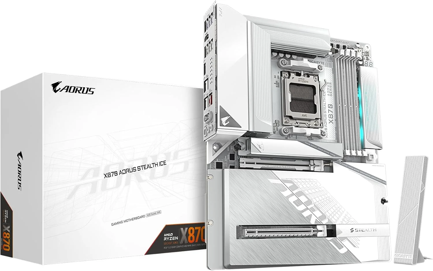مادربرد GIGABYTE X870 AORUS Stealth ICE AMD AM5، ATX، DDR5، 4X M.2، PCIe 5.0، 2xUSB-4، USB-C، WIFI7، 5GbE LAN، EZ-Latch