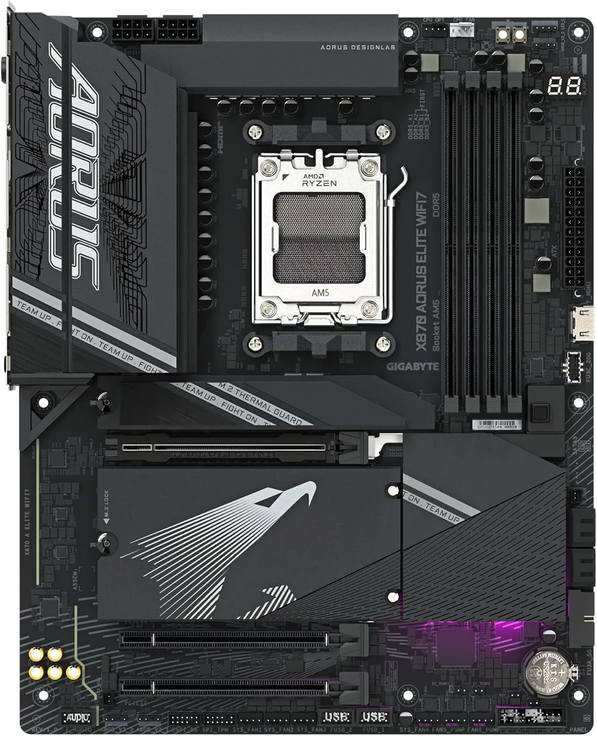 مادربرد GIGABYTE X870 A Elite WIFI7 - پشتیبانی از پردازنده های AMD Ryzen 9000، VRM با فازهای 16+2+2، DDR5 تا 8000 مگاهرتز (OC)، 3xPCIe 5.0، Wi-Fi 7، LAN 2.5GbE، USB 4