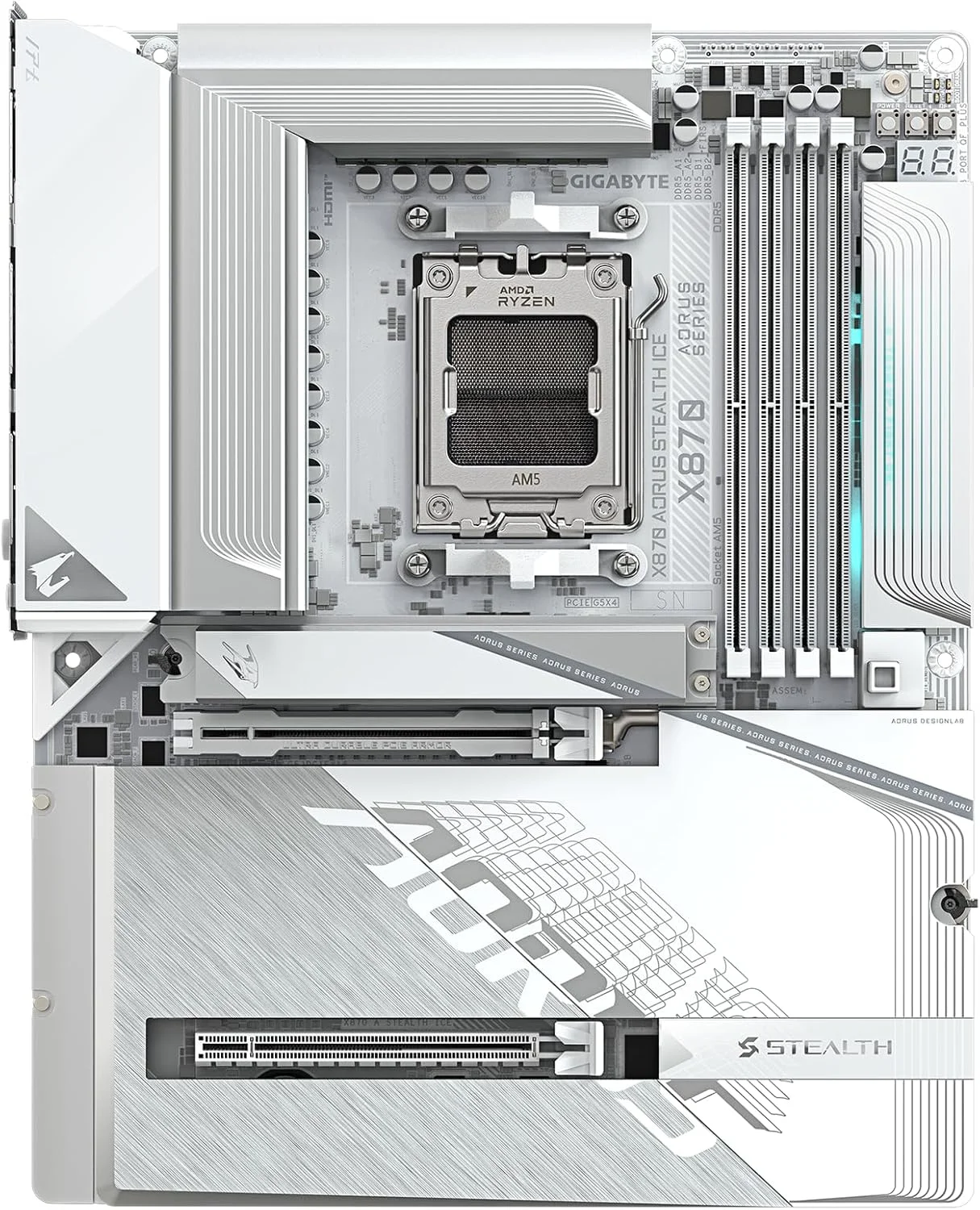 مادربرد GIGABYTE X870 AORUS Stealth ICE AMD AM5، ATX، DDR5، 4X M.2، PCIe 5.0، 2xUSB-4، USB-C، WIFI7، 5GbE LAN، EZ-Latch
