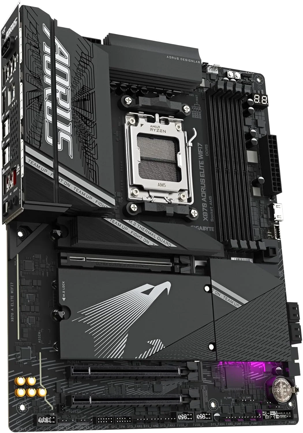 مادربرد GIGABYTE X870 A Elite WIFI7 - پشتیبانی از پردازنده های AMD Ryzen 9000، VRM با فازهای 16+2+2، DDR5 تا 8000 مگاهرتز (OC)، 3xPCIe 5.0، Wi-Fi 7، LAN 2.5GbE، USB 4