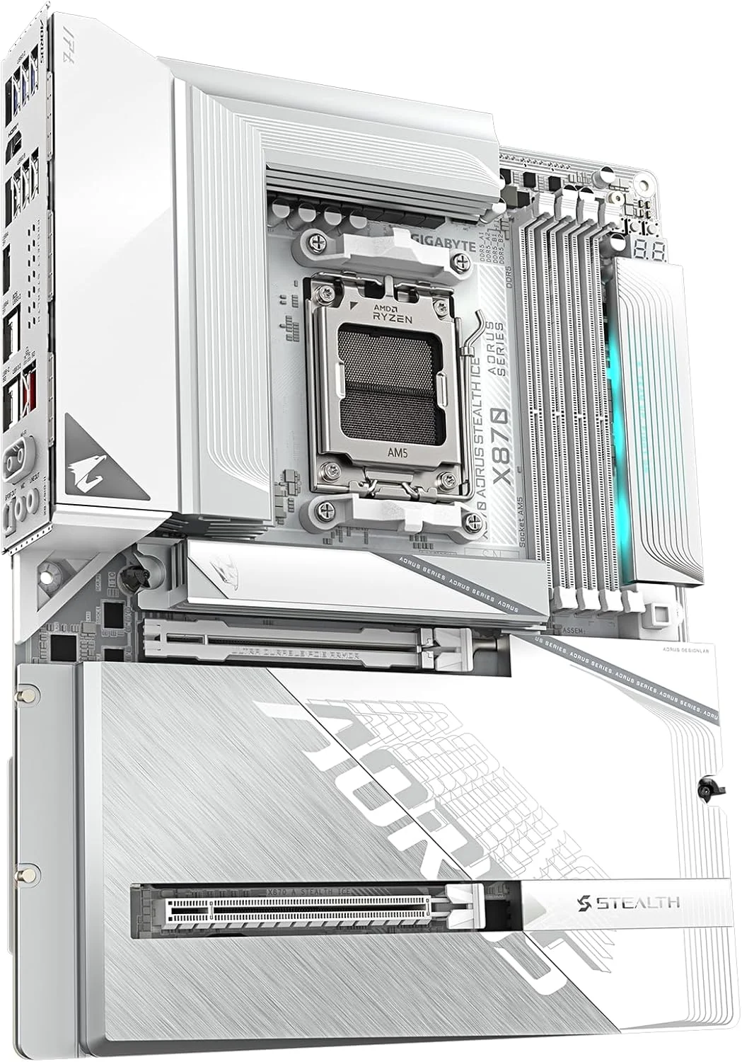 مادربرد GIGABYTE X870 AORUS Stealth ICE AMD AM5، ATX، DDR5، 4X M.2، PCIe 5.0، 2xUSB-4، USB-C، WIFI7، 5GbE LAN، EZ-Latch