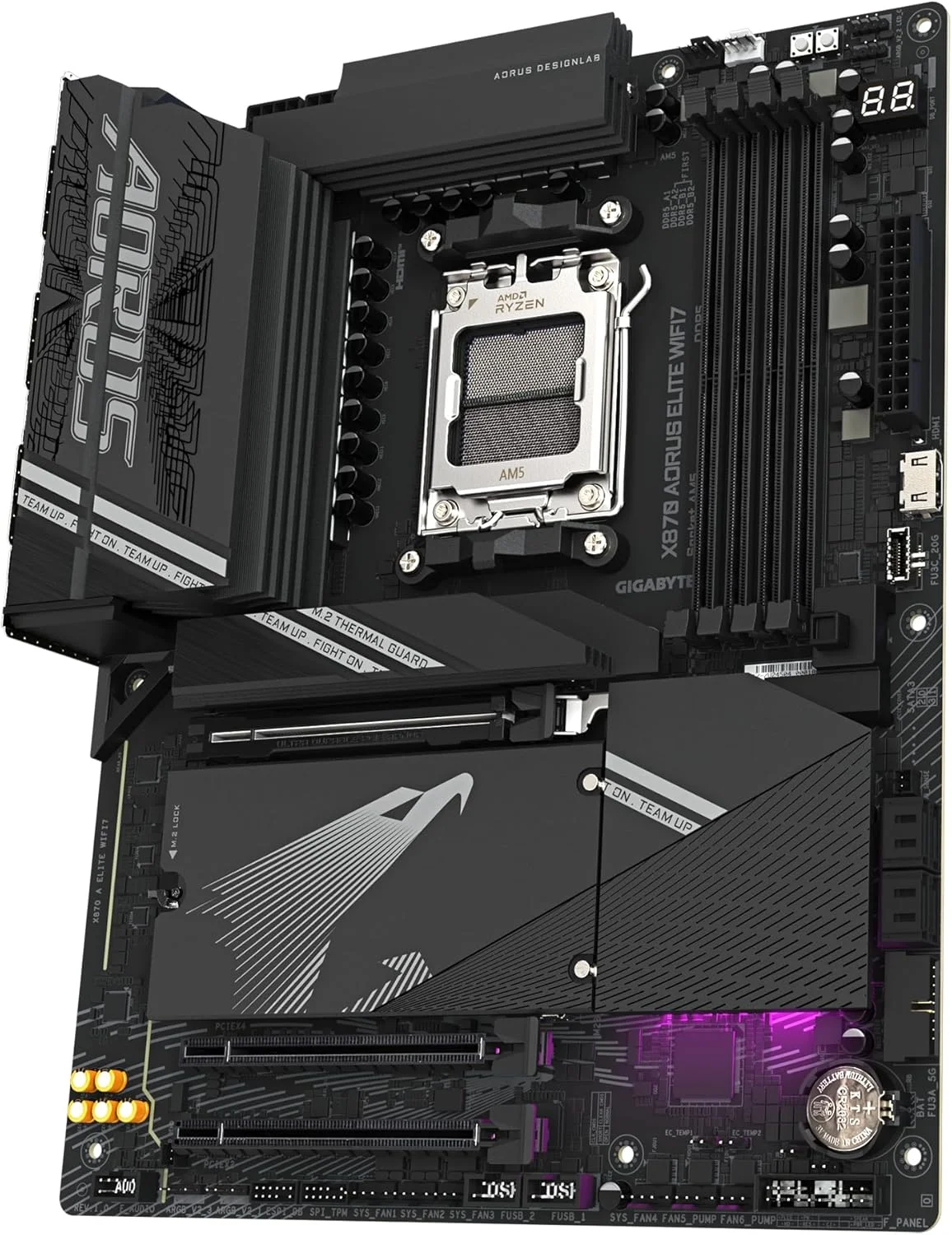 مادربرد GIGABYTE X870 A Elite WIFI7 - پشتیبانی از پردازنده های AMD Ryzen 9000، VRM با فازهای 16+2+2، DDR5 تا 8000 مگاهرتز (OC)، 3xPCIe 5.0، Wi-Fi 7، LAN 2.5GbE، USB 4