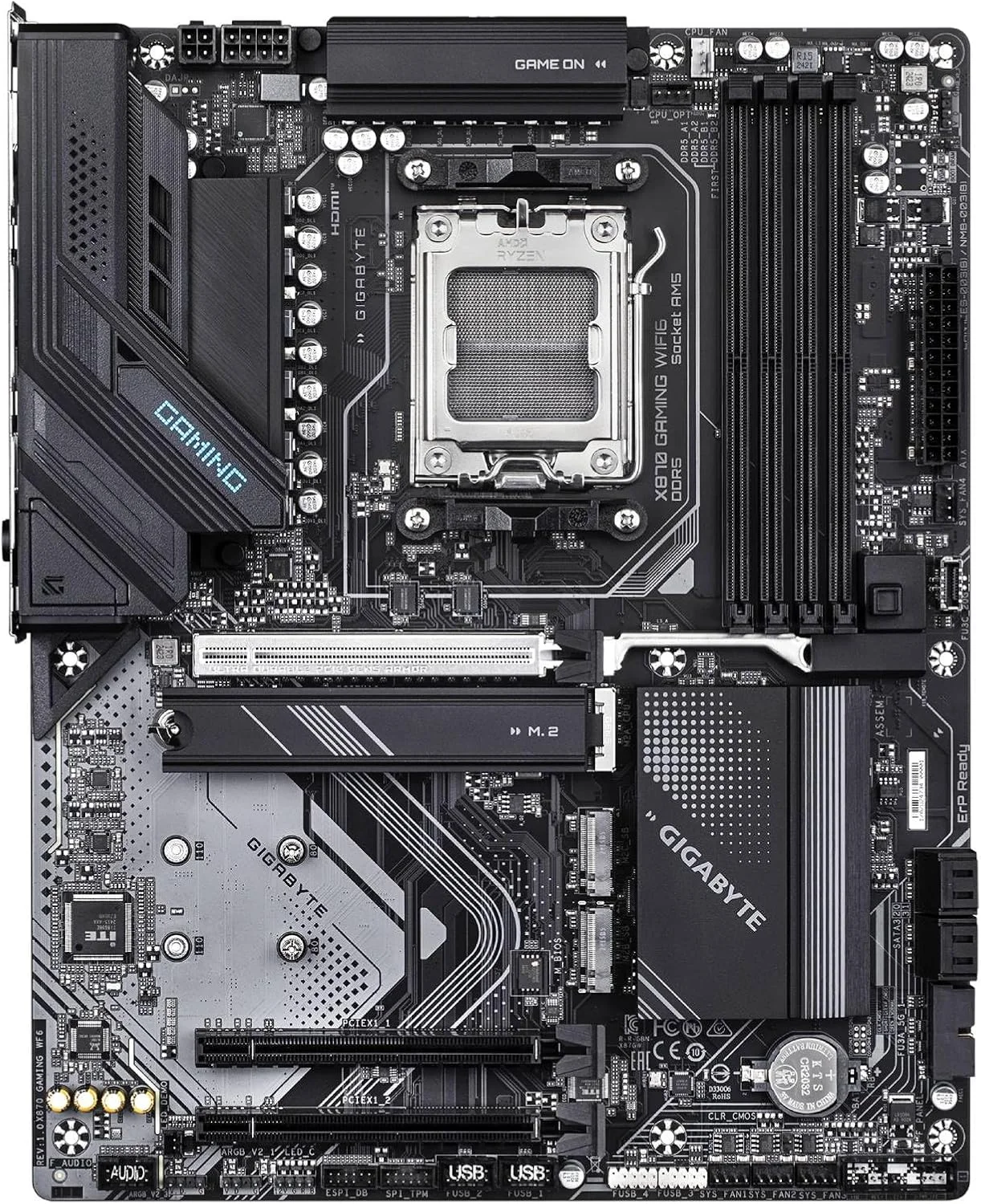 مادربرد GIGABYTE X870 Gaming WIFI6 AM5 LGA 1718، ATX، DDR5، 3X M.2، PCIe 5.0، USB4، WiFi 6، LAN 2.5GbE، EZ-Latch، 5 سال گارانتی