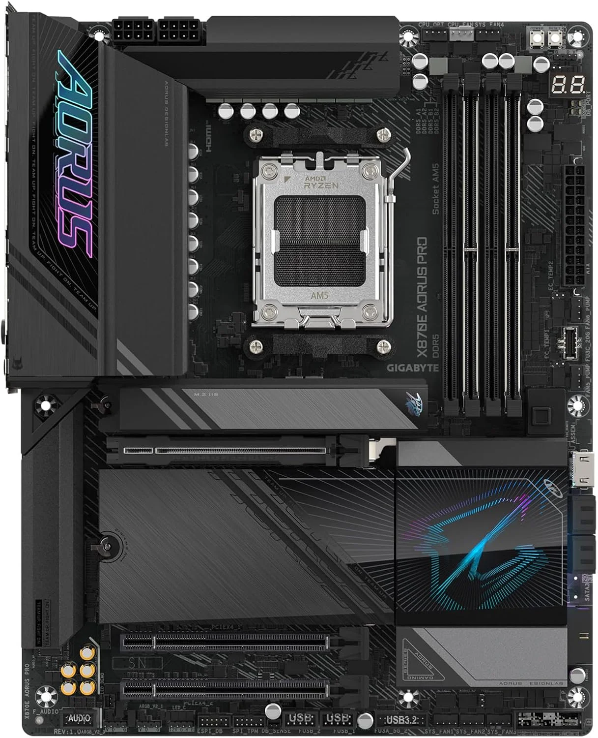 مادربرد GIGABYTE X870E AORUS PRO AM5 LGA 1718، ATX، DDR5، 4X M.2، PCIe 5.0، USB4، Wi-Fi 7، 2.5GbE LAN، EZ-Latch، Q-Flash
