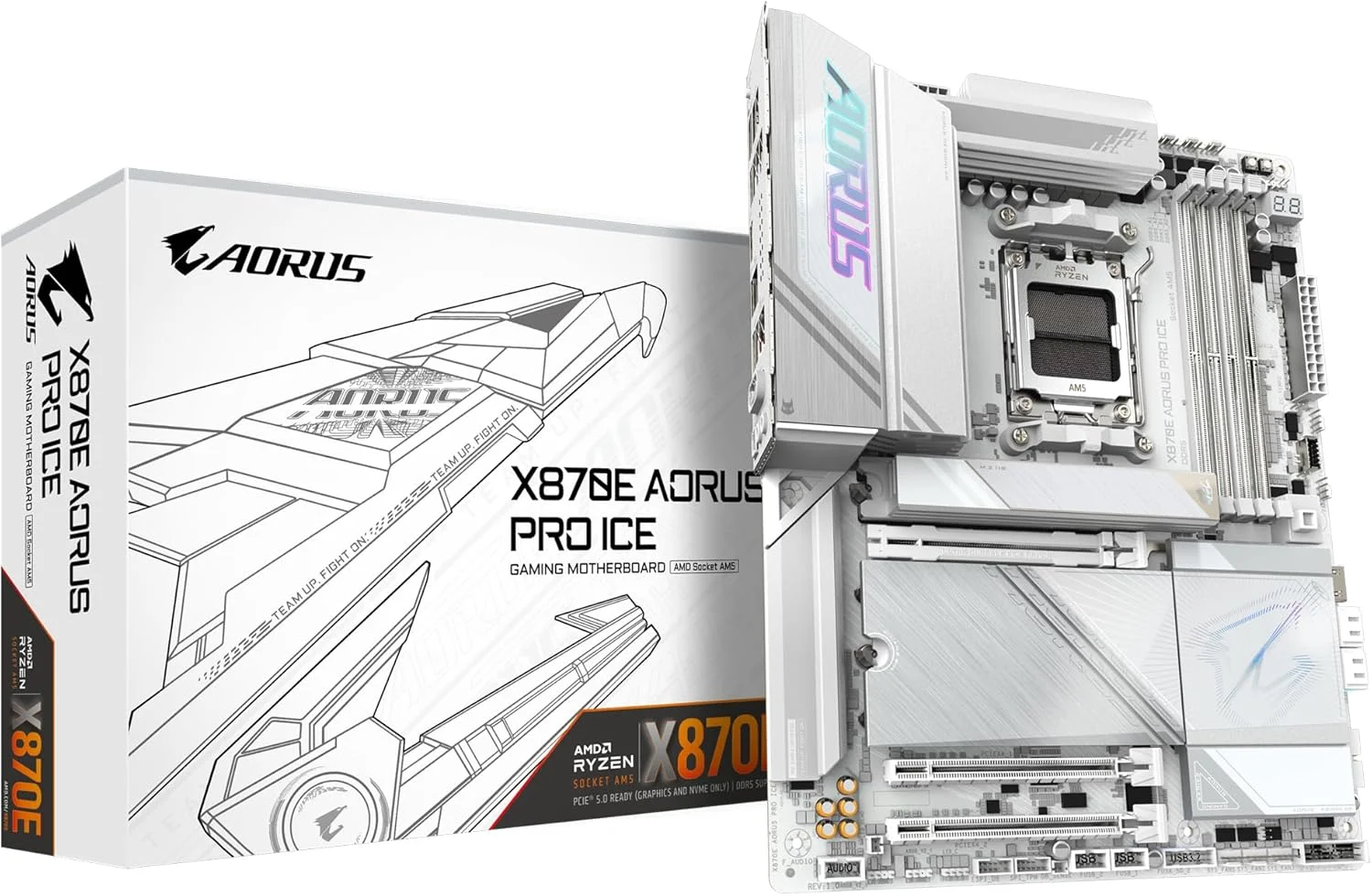 مادربرد GIGABYTE X870E AORUS PRO Ice - پشتیبانی از پردازنده های AMD Ryzen 9000، VRM دیجیتال 16+2+2 فاز، تا 8000 مگاهرتز DDR5 (OC)، 3xPCIe 5.0، Wi-Fi 7، LAN 2.5GbE، USB 4