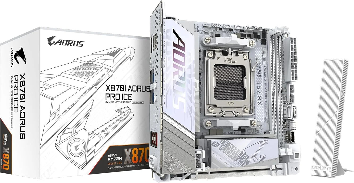 مادربرد GIGABYTE X870I AORUS PRO Ice - پشتیبانی از پردازنده‌های AMD Ryzen سری 9000، VRM با فاز 8+2+1، پشتیبانی از DDR5 تا 8400 مگاهرتز (OC)، 1xPCIe 5.0 M.2 + 1xPCIe 4.0 M.2، WI-FI 7، LAN 2.5GbE، USB 4