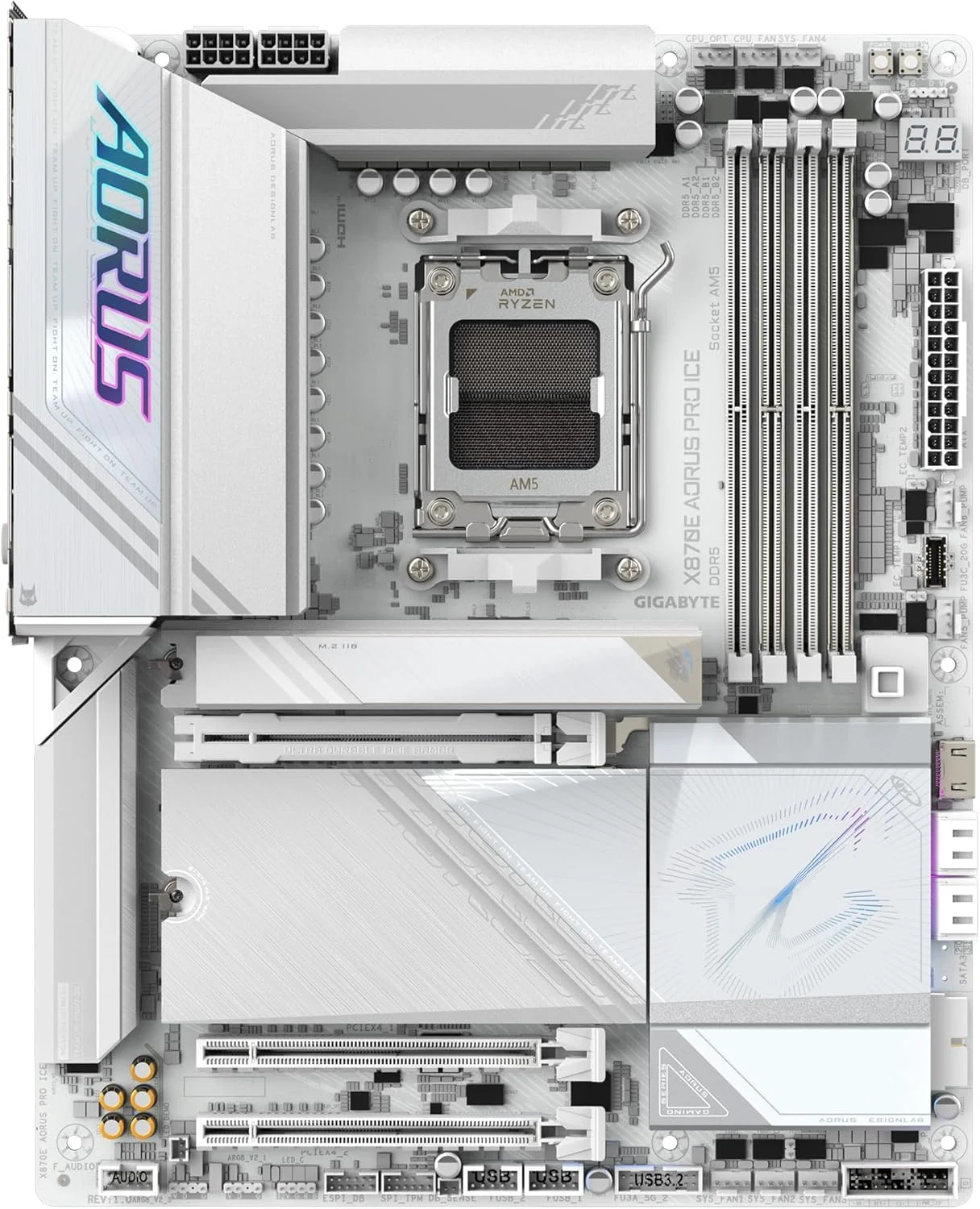 مادربرد GIGABYTE X870E AORUS PRO Ice - پشتیبانی از پردازنده های AMD Ryzen 9000، VRM دیجیتال 16+2+2 فاز، تا 8000 مگاهرتز DDR5 (OC)، 3xPCIe 5.0، Wi-Fi 7، LAN 2.5GbE، USB 4