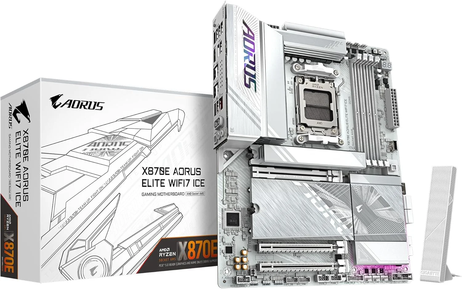 مادربرد GIGABYTE X870E AORUS ELITE WIFI7 ICE - پشتیبانی از پردازنده های AMD Ryzen 9000، دارای VRM دیجیتال 16+2+2 فاز، پشتیبانی از DDR5 تا 8200 هرتز (OC)، دارای 3xPCIe 5.0 + 1xPCIe 4.0، Wi-Fi 7، LAN 2.5GbE، USB 4