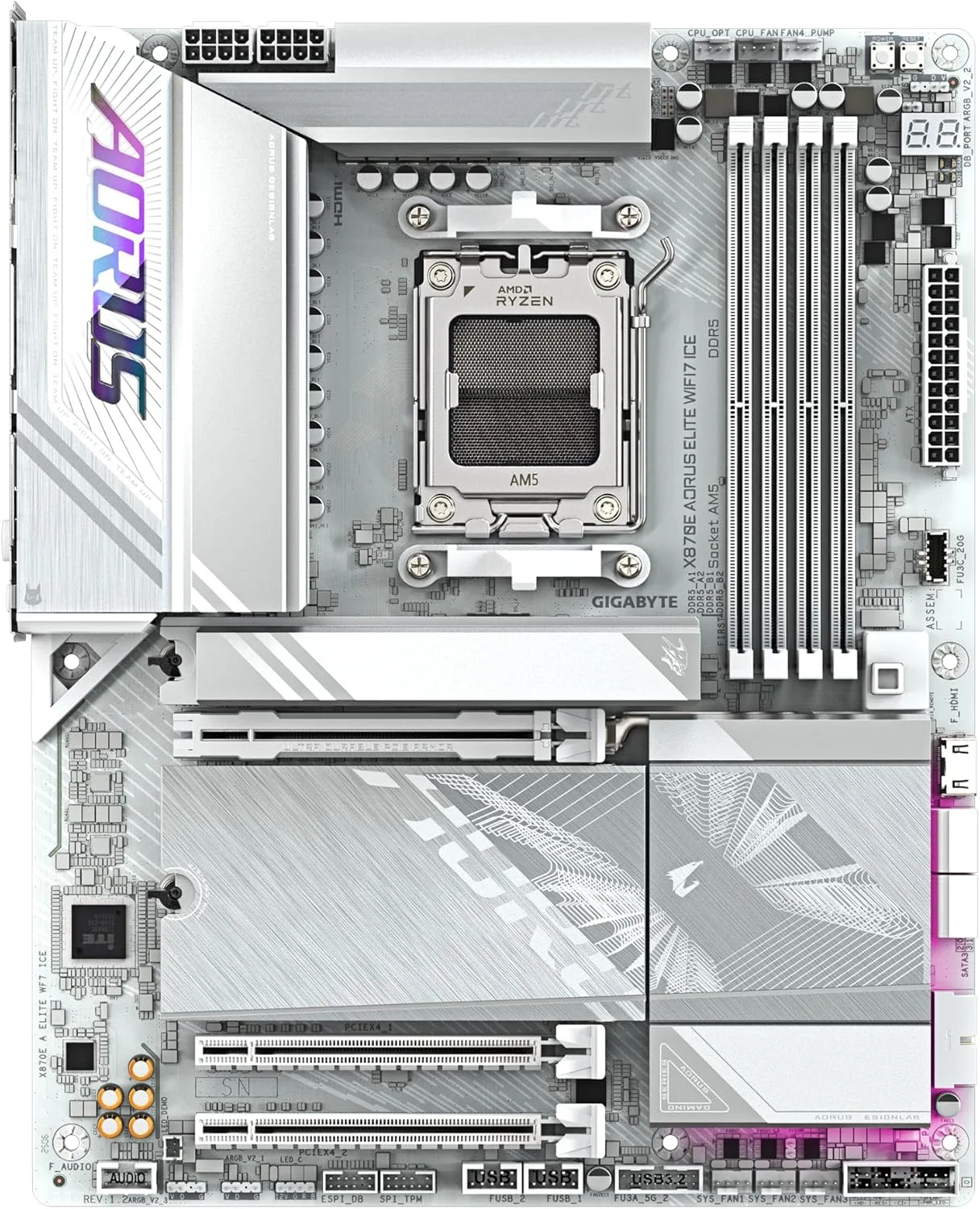 مادربرد GIGABYTE X870E AORUS ELITE WIFI7 ICE - پشتیبانی از پردازنده های AMD Ryzen 9000، دارای VRM دیجیتال 16+2+2 فاز، پشتیبانی از DDR5 تا 8200 هرتز (OC)، دارای 3xPCIe 5.0 + 1xPCIe 4.0، Wi-Fi 7، LAN 2.5GbE، USB 4