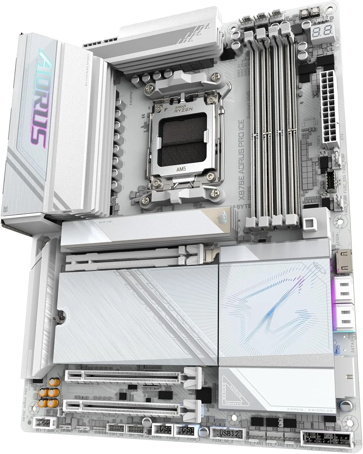 مادربرد GIGABYTE X870E AORUS PRO Ice - پشتیبانی از پردازنده های AMD Ryzen 9000، VRM دیجیتال 16+2+2 فاز، تا 8000 مگاهرتز DDR5 (OC)، 3xPCIe 5.0، Wi-Fi 7، LAN 2.5GbE، USB 4