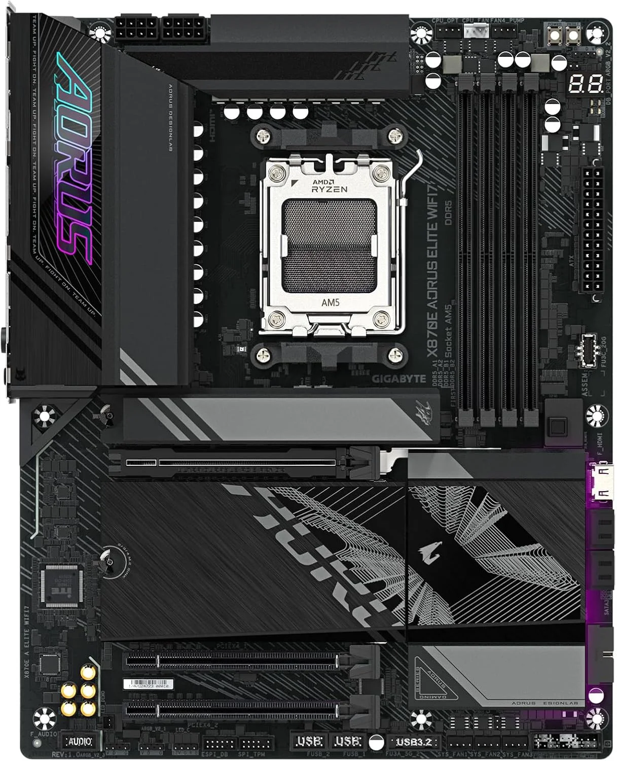 مادربرد GIGABYTE X870E AORUS Elite WIFI7 AM5 LGA 1718، ATX، DDR5، 4X M.2، PCIe 5.0، USB4، Wi-Fi 7، LAN 2.5GbE، EZ-Latch، Q-Flash