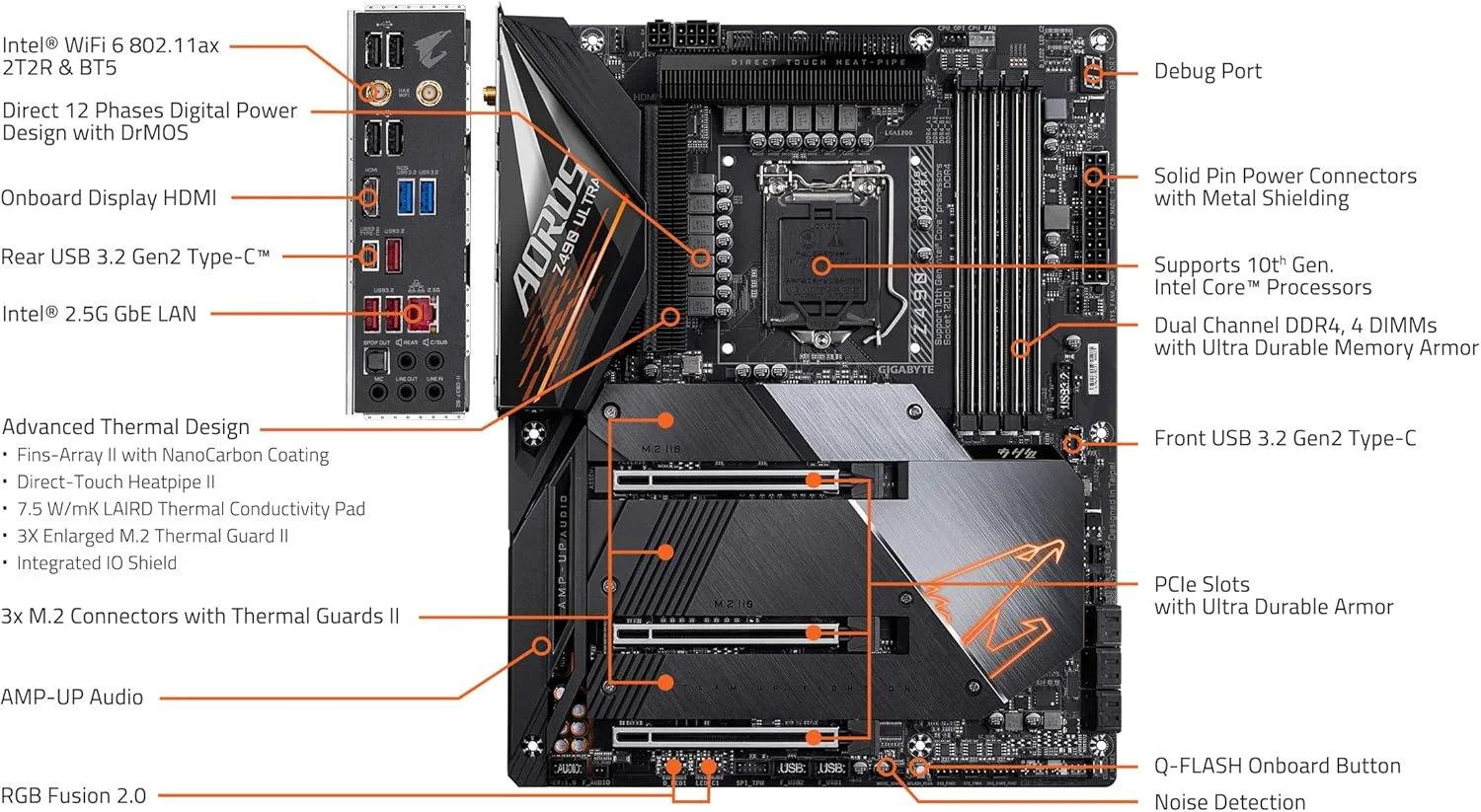 مادربرد گیمینگ GIGABYTE Z490 AORUS Ultra (Intel LGA1200/Z490/ATX/Intel 2.5G LAN/3xM.2 Thermal Guard/SATA 6Gb/s/USB 3.2 Gen 2/Intel Wi-Fi 6//Realtek ALC1220-VB/RGB Fusion)