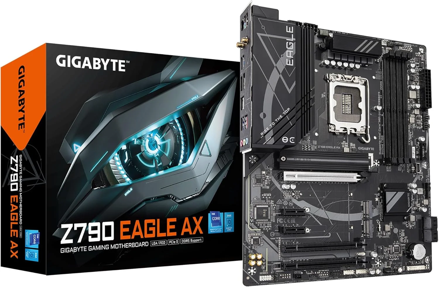 مادربرد GIGABYTE Z790 Eagle AX LGA 1700 Intel Z790 ATX با DDR5، M.2، PCIe 5.0، USB 3.2 Gen2X2 Type-C، Intel Wi-Fi 6E، 2.5GbE LAN، Q-Flash Plus، EZ-Latch