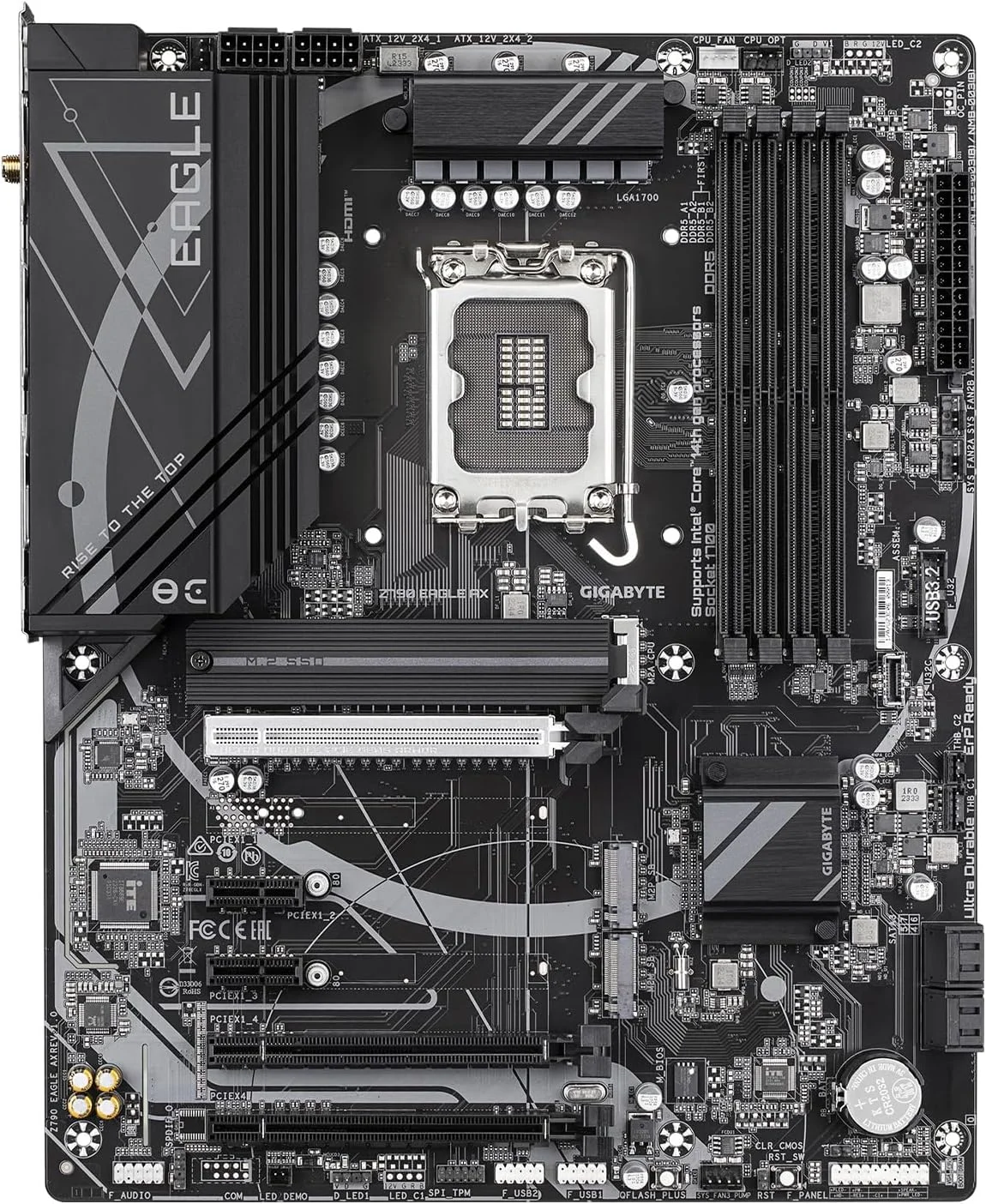 مادربرد GIGABYTE Z790 Eagle AX LGA 1700 Intel Z790 ATX با DDR5، M.2، PCIe 5.0، USB 3.2 Gen2X2 Type-C، Intel Wi-Fi 6E، 2.5GbE LAN، Q-Flash Plus، EZ-Latch