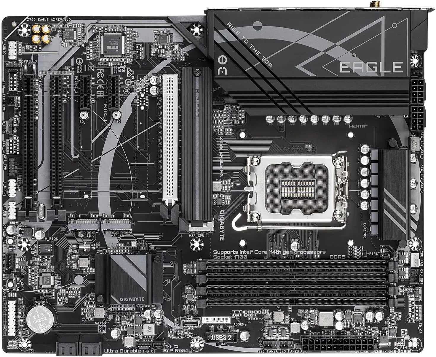 مادربرد GIGABYTE Z790 Eagle AX LGA 1700 Intel Z790 ATX با DDR5، M.2، PCIe 5.0، USB 3.2 Gen2X2 Type-C، Intel Wi-Fi 6E، 2.5GbE LAN، Q-Flash Plus، EZ-Latch