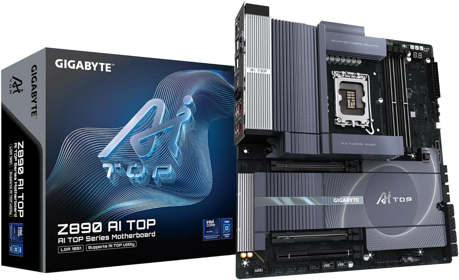 مادربرد GIGABYTE Z890 AI TOP - پشتیبانی از پردازنده‌های Intel Core Ultra (سری 2)، VRM با 16+1+2 فاز، DDR5 تا 9500 مگاهرتز (OC)، 1xPCIe 5.0 + 3xPCIe 4.0 M.2، Wi-Fi 7، LAN 10 GbE، Thunderbolt 5