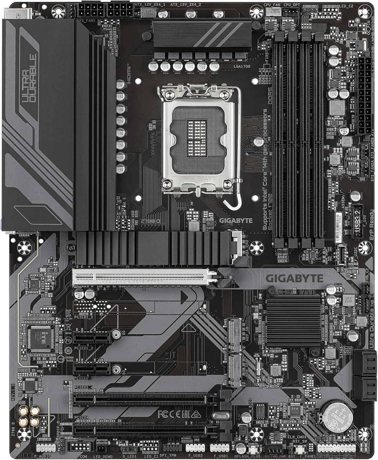 مادربرد گیگابایت Z790 D - پشتیبانی از پردازنده‌های نسل 14 اینتل، VRM دیجیتال 1+12 فاز، پشتیبانی از DDR5 تا 7600 مگاهرتز (OC)، 3xPCIe 4.0 M.2، شبکه 2.5GbE LAN، USB 3.2 Gen 2