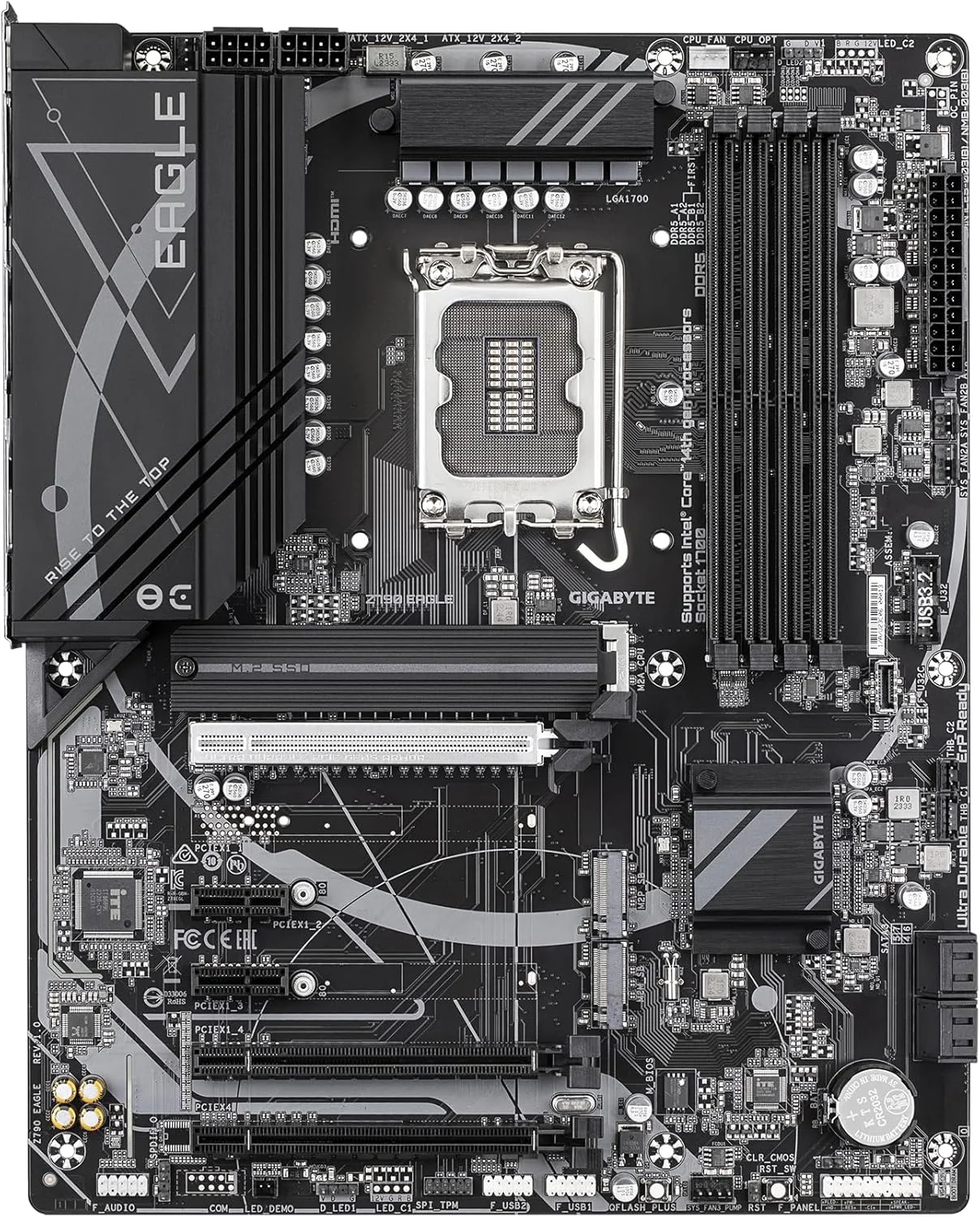 مادربرد GIGABYTE Z790 EAGLE - پشتیبانی از پردازنده های نسل 14 اینتل Core، دارای VRM با 12+1+1 فاز، پشتیبانی از DDR5 تا 7600 مگاهرتز (OC)، دارای 3xPCIe 4.0 M.2، شبکه 2.5GbE LAN، USB 3.2 Gen 2