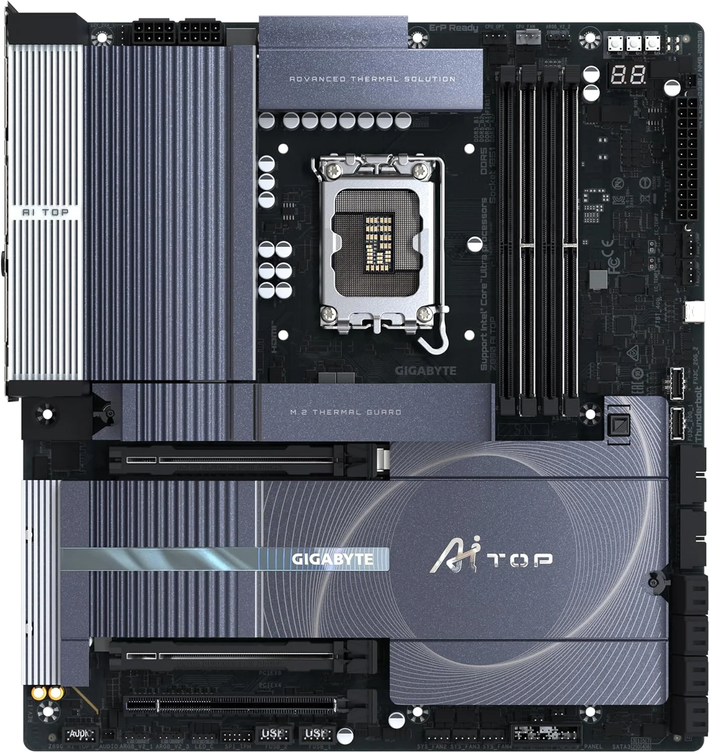 مادربرد GIGABYTE Z890 AI TOP - پشتیبانی از پردازنده‌های Intel Core Ultra (سری 2)، VRM با 16+1+2 فاز، DDR5 تا 9500 مگاهرتز (OC)، 1xPCIe 5.0 + 3xPCIe 4.0 M.2، Wi-Fi 7، LAN 10 GbE، Thunderbolt 5